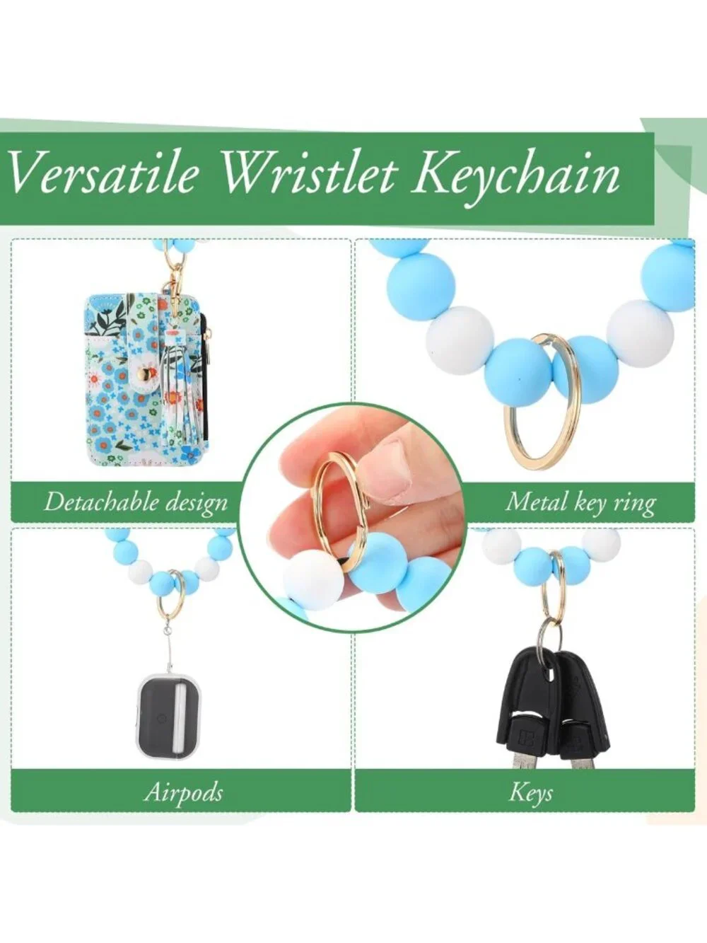 Boho Beaded Wristlet Keychain Wallet Set - Floral Pattern, Card Holder & Tassel
